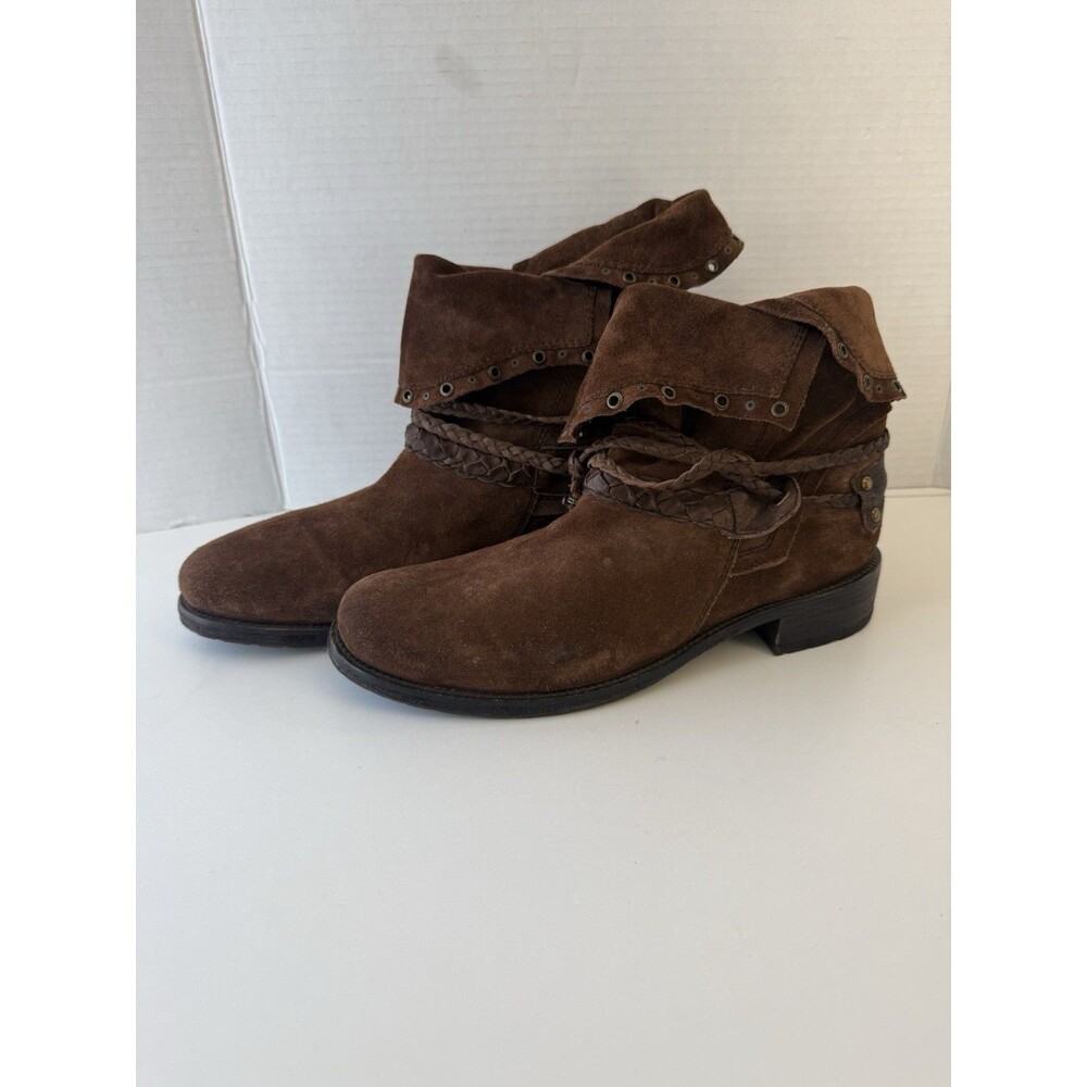 TRASK Women's Brown Suede Ankle Boots- SZ 9.5 36-01342 fold over braided detail